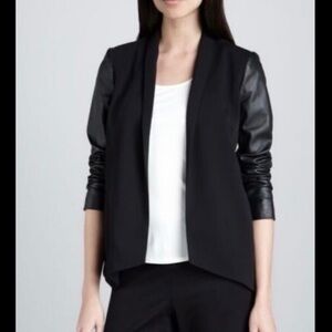 NWT! Eileen Fisher Size PM • Blazer Jacket Leather Sleeve Open Front Silk Blend.